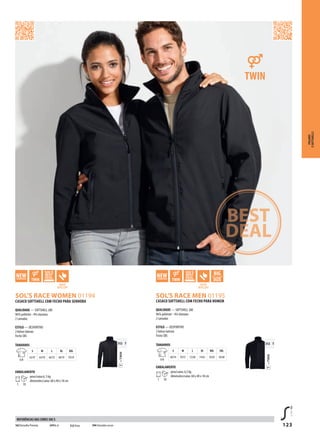 123
GAVSOL’S RACE WOMEN 01194
GAV DSOL’S RACE MEN 01195
312 T
=TWINT
312 T
=TWINT
WATER
REPELLENT
WATER
REPELLENT
POLARES
ESOFTSHELLS
CASACO SOFTSHELL COM FECHO PARA SENHORA
QUALIDADE — SOFTSHELL 280
96% poliéster - 4% elastano
2 camadas
ESTILO — DESPORTIVO
2 bolsos laterais
Fecho SBS
TAMANHOS
A/B
S M L XL XXL
62/47 64/50 66/53 68/59 70/59
EMBALAMENTO
1 10
peso/caixa:6, 5 kg
dimensões/caixa: 60 x 40 x 18 cm
CASACO SOFTSHELL COM FECHO PARA HOMEM
QUALIDADE — SOFTSHELL 280
96% poliéster - 4% elastano
2 camadas
ESTILO — DESPORTIVO
2 bolsos laterais
Fecho SBS
TAMANHOS
A/B
S M L XL XXL 3XL
68/54 70/57 72/60 74/62 76/65 78/68
EMBALAMENTO
1 10
peso/caixa: 6,5 kg
dimensões/caixa: 60 x 40 x 18 cm
162VermelhoPimenta 241Re al 312 Preto 394 Chocolate escuro
REFERÊNCIAS DAS CORES SOL’S
 