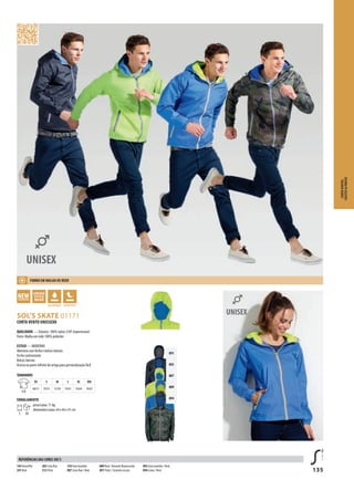 135
GZHKSOL’S SKATE 01171
891
893
887
889
894
CORTA VENTO UNISSEXO
QUALIDADE — Exterior: 100% nylon 210T impermeável
Forro: Malha em rede 100% poliéster
ESTILO — MODERNO
Abertura com fecho e bolsos laterais
Fecho contrastante
Bolsos laterais
Acesso na parte inferior do artigo para personalização fácil
TAMANHOS
A/B
XS S M L XL XXL
68/51 70/55 72/58 74/61 76/64 78/67
EMBALAMENTO
5 30
peso/caixa: 11 kg
dimensões/caixa: 64 x 44 x 41 cm
CORTAVENTOS,
COLETES&PARCAS
145Vermelho
241 Real
282 Lima fluo
312 Preto
318 Azul marinho
887 Lima fluo / Real
889 Real / Amarelo fluorescente
891 Preto / Cinzento escuro
893 Azul marinho / Real
894 Camo / Real
REFERÊNCIAS DAS CORES SOL’S
FORRO EM MALHA DE REDE
 