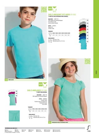 159
GNSOL’S MELODY 01189
GNSOL’S REGENT FIT KIDS 01183
102
350
309
145
280
319
241
225
102
140
285
T-SHIRT PARA MENINA
QUALIDADE — JERSEY 150
100% algodão semi-penteado Ringspun
ESTILO — MODERNA
Cortada e cosida
Franzido na gola e na manga curta
Acabamento na gola
Corte cintado
TAMANHOS
A/B
4 ANOS 6 ANOS 8 ANOS 10 ANOS12 ANOS
40/29 43/31 46/33 49/35 52/37
EMBALAMENTO
10 50
peso/caixa: 5 kg
dimensões/caixa: 40 x 26 x 19 cm
T-SHIRT DE GOLA REDONDA PARA CRIANÇA
QUALIDADE — JERSEY 150
100% algodão semi-penteado RIngspun
Fita de reforço na gola
Gola em elastano canelado
ESTILO — CLÁSSICA
Manga curta
Cortada e cosida
TAMANHOS
A/B
2 ANOS 4 ANOS 6 ANOS 8 ANOS 10 ANOS12 ANOS
41/29 44/31 47/33 50/35 54/38 58/41
EMBALAMENTO
10 100
peso/caixa: 9,7 kg
dimensões/caixa: 42 x 27 x 34 cm
CRIANÇAS
102 Branco
129 Rosa fluorescente 2
140 Fushia
145Vermelho
225 Azul atol
241 Real
280Verdemaçã
285 Mentol
286VerdeFluo
306 Amarelo Fluo
309 Preto profundo
319 Azul profundo
350 Cinzento matizado(1)
404 Laranja fluorescente
REFERÊNCIAS DAS CORES SOL’S
CORTE jUSTO
FRANzIDO NA GOLA E NA MANGA CURTA
(1)Cinzentomatizado:85%algodão/15%viscose
 