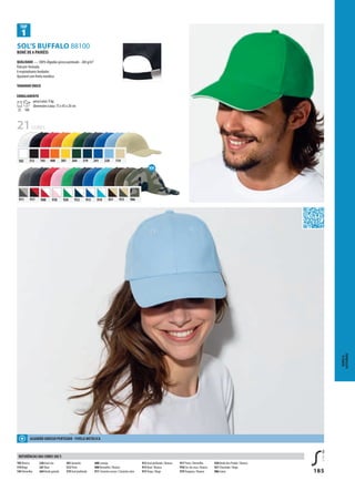 185
BSOL’S BUFFALO 88100
319301 264 241 114145102 400312 220
g
915921911 918 912908 913920 919917 986
Bonés&
Acessórios
Boné De 6 PAinéis
QUALiDADe — 100% Algodão grosso penteado - 260 g/m²
Pala pré-formada
6 respiradouros bordados
Ajustável com fivela metálica
TAMAnHo Único
eMBALAMenTo
25 100
peso/caixa: 9 kg
dimensões/caixa: 75 x 45 x 20 cm
21cores
ALgoDão grosso PenTeADo - FiveLA MeTáLicA
102 Branco
114 Bege
145Vermelho
220 Azul céu
241 Real
264Verdegarrafa
301 Amarelo
312 Preto
319 Azul profundo
400 Laranja
908Vermelho / Branco
911 Cinzento escuro / Cinzento claro
912 Azul profundo / Branco
913 Real / Branco
915Tropa / Bege
917 Preto /Vermelho
918 Cor-de-rosa / Branco
919Turquesa / Branco
920Verde dos Prados / Branco
921 Chocolate / Bege
986 Camo
reFerÊnciAs DAs cores soL’s
 