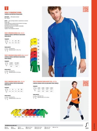 231
SOL’S MARACANA SSL 90204
BSOL’S MARACANA
SOL’S MARACANA LSL 90205
SOL’S MARACANA KIDS SSL 90206
SOL’S MARACANA KIDS LSL 90207
944 943 906 938 937 908 913 933
944
943
906
938
937
908
913
933
SOL'STEAMSPORT
CAMISOLA DESPORTIVA DE QUALIDADE
QUALIDADE — 100% poliéster interlock
Peso: 140 g/m²
ESTILO — Gola com design moderno e acabamentos em contraste
Mangas raglã
Grandes aplicações em malha de rede nas laterais e nas mangas,
assegurando o controlo da transpiração
Parte inferior das costas mais comprida e arredondada
Acabamentos reforçados
Logótipo e marca bordados em contraste
CAMISOLA MANGA CURTA DE QUALIDADE PARA CRIANÇA
TAMANHOS
A/B
6 ANOS 8 ANOS 10 ANOS 12 ANOS
116c m 128c m 140c m 152c m
54/43,5 56/45 58/46,5 60/48
EMBALAMENTO
5 50
peso/caixa: 9  kg
dimensões/caixa: 47 x 33 x 28 cm
CAMISOLA MANGA COMPRIDA DE QUALIDADE
PARA ADULTO
TAMANHOS
A/B
S M L/XL XXL
74/52 76/55 78/58 80/61
EMBALAMENTO
5 50
peso/caixa:9 kg
dimensões/caixa: 57 x 38 x 27 cm
CAMISOLA MANGA COMPRIDA DE QUALIDADE
PARA CRIANÇA
TAMANHOS
A/B
6/8 ANOS 10/12 ANOS
106/128 cm 130/152 cm
58/46 60/49
EMBALAMENTO
5 50
peso/caixa:9 kg
dimensões/caixa: 47 x 33 x 28 cm
102 Branco
145Vermelho
241Re al
276Verdeflas h
312 Preto
906 Branco / Preto
908Vermelh / Branco
913 Real / Branco
933Verde flash / Branco
937Vermelho / Preto
938 Laranja / Preto
943 Limão / Real
944 Limão / Preto
REFERÊNCIAS DAS CORES SOL’S
CAMISOLA MANGA CURTA DE QUALIDADE
PARA ADULTO
TAMANHOS
A/B
S M L XL XXL
73/52 75/55 77/57 78/59 80/61
EMBALAMENTO
5 50
peso/caixa:9 kg
dimensões/caixa: 57 x 38 x 27 cm
 
