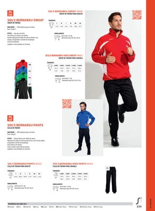 235
312
908
913
933
935
DSOL’S BERNABEU SWEAT
DSOL’S BERNABEU PANTS
SOL’S BERNABEU SWEAT 90600
SOL’S BERNABEU KIDS PANTS 90503
SOL’SBERNABEUKIDSSWEAT90601
SOL’S BERNABEU PANTS 90502
SWEAT DE TREINO
QUALIDADE — 100% poliéster grosso sem forro
Peso: 250 g/m²
ESTILO — Gola alta com fecho
Com elástico na cintura e nos punhos
Grandes aplicações de malha em rede nas laterais e nas
mangas, assegurando o controlo da transpiração
Cursor personalizado
Logótipo e marca bordados em contraste
CALÇA DE TREINO
QUALIDADE — 100% poliéster grosso sem forro
Peso: 250 g/m²
ESTILO — Cintura elástica com cordões de aperto
Aplicações de malha em rede na parte de trás e por trás dos joelhos,
assegurando controlo da transpiração
Parte inferior com elástico
Fecho no bolso e parte inferior da perna
Logótipo e marca bordados em contraste
SWEAT DE TREINO PARA ADULTO
TAMANHOS
A/B
S M L XL XXL 3XL
71/56 73/59 75/62 77/65 79/68 81/71
EMBALAMENTO
5 40
peso/caixa: 16,5 kg
dimensões/caixa: 60 x 40 x 38 cm
CALÇA DE TREINO PARA ADULTO
TAMANHOS
A/B
S M L XL XXL 3XL
103/35 106/37 109/39 112/41 114/43 117/45
EMBALAMENTO
5 40
peso/caixa:18, 1 kg
dimensões/caixa: 58 x 40 x 48 cm
CALÇA DE TREINO PARA CRIANÇA
TAMANHOS
A/B
6 ANOS 8 ANOS 10 ANOS 12 ANOS 14 ANOS
116c m 128c m 140c m 152c m 164c m
69/29 76/29,5 83/30 90/30,5 96/31
EMBALAMENTO
5 40
peso/caixa:1 2,5 kg
dimensões/caixa: 60 x 40 x 36 cm
SWEAT DE TREINO PARA CRIANÇA
TAMANHOS
A/B
6 ANOS 8 ANOS 10 ANOS 12 ANOS 14 ANOS
116c m 128c m 140c m 152c m 164c m
51/42 55/45 57/47 59/50 61/52
EMBALAMENTO
5 40
peso/caixa: 11 kg
dimensões/caixa: 60 x 40 x 29 cm
SOL'STEAMSPORT
145Vermelho 241Re al 276Verde flash 302Li mão 312 Preto400L aranja 908Vermelh / Branco 913 Real / Branco 933Verde flash / Branco 935 Preto / Branco
REFERÊNCIAS DAS CORES SOL’S
 