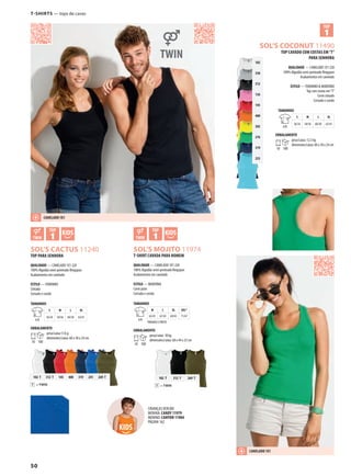 50
BSOL’S COCONUT 11490
ABCSOL’S CACTUS 11240 ABCSOL’S MOJITO 11974
102
350
312
136
145
400
302
276
319
225
= TWINT
102 T 312 T 145 400 319 241 269 T
= TWINT
102 T 312 T 269 T
T-SHIRTS — tops de cavas
TOP CAVADO COM COSTAS EM “T”
PARA SENHORA
QUALIDADE — CANELADO 1X1 220
100% Algodão semi-penteado Ringspun
Acabamentos em canelado
ESTILO — FEMININO & MODERNO
Top com costas em “T”
Corte cintado
Cortado e cosido
TAMANHOS
A/B
S M L XL
56/34 58/36 60/38 63/41
EMBALAMENTO
10 100
peso/caixa: 12,5 kg
dimensões/caixa: 60 x 38 x 24 cm
TOP PARA SENHORA
QUALIDADE — CANELADO 1X1 220
100% Algodão semi-penteado Ringspun
Acabamentos em canelado
ESTILO — FEMININO
Cintada
Cortado e cosido
TAMANHOS
A/B
S M L XL
56/34 58/36 60/38 63/41
EMBALAMENTO
10 100
peso/caixa:13 kg
dimensões/caixa: 60 x 38 x 24 cm
T-SHIRT CAVADA PARA HOMEM
QUALIDADE — CANELADO 1X1 220
100% Algodão semi-penteado Ringspun
Acabamentos em canelado
ESTILO — MODERNA
Corte justo
Cortada e cosida
TAMANHOS
A/B
M L XL XXL*
65/41 67/43 69/45 71/47
*BRANCO E PRETO
EMBALAMENTO
10 100
peso/caixa: 18 kg
dimensões/caixa: 68 x 44 x 25 cm
CANELADO 1X1
CRIANÇASVERSÃO
MENINA: CANDY 11979
MENINO: CANYON 11984
PÁGINA 162
CANELADO 1X1
 