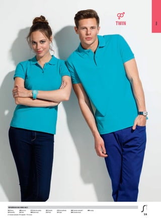 59
Pólos
102 Branco
145Vermelho
200 Azul céu
241 Real
272Verde dos prados
280Verdemaçã
301 Amarelo
312 Preto
319 Azul profundo
321 Aqua
360 Cinzento matizado(1)
384 Cinzento escuro
400 Laranja
(1)Cinzentomatizado:85%algodão/15%viscose
REFERÊNCIAs DAs CoREs sol’s
 