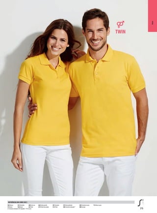 71
Pólos
102 Branco
115 Areia
145Vermelho
146 Bordo
200 Azul céu
241 Real
264Verdegarrafa
272Verde dos prados
301 Amarelo
312 Preto
319 Azul profundo
360 Cinzento matizado(1)
384 Cinzento escuro
400 Laranja
712 Roxo escuro
(1)Cinzentomatizado:85%algodão/15%viscose
REFERÊNCIAs DAs CoREs sol’s
 