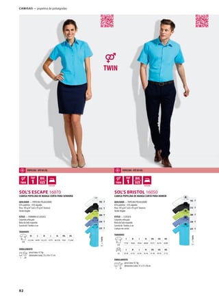 82
ABDMSOL’S ESCAPE 16070
ABDMSOL’S BRISTOL 16050
TTWIN=
102 T
312 T
280 T
230 T
225 T
TTWIN=
102 T
312 T
280 T
230 T
225 T
Camisas — popelina de polialgodão
CAMISA POPELINA DE MANGA CURTA PARA SENHORA
QUALIDADE — POPELINA POLIALGODÃO
65% poliéster - 35% algodão
Peso: 105 g/m² (cor) e 95 g/m² (branco)
Tecido tingido
ESTILO — FEMININA & CLÁSSICA
Colarinho reforçado
Bolso do lado esquerdo
Carcela de 7 botões à cor
TAMANHOS
A/B
XS S M L XL XXL 3XL
62,5/46 64/49 65,5/52 67/55 68,5/58 70/61 71,5/64
EMBALAMENTO
1 20
peso/caixa: 4,7 kg
dimensões/caixa: 55 x 36 x 17 cm
CAMISA POPELINA DE MANGA CURTA PARA HOMEM
QUALIDADE — POPELINA POLIALGODÃO
65% poliéster - 35% algodão
Peso: 105 g/m² (cor) e 95 g/m² (branco)
Tecido tingido
ESTILO — CLÁSSICA
Colarinho reforçado
Bolso do lado esquerdo
Carcela de 7 botões à cor
2 pinças nas costas
TAMANHOS
A/B
S M L XL XXL 3XL 4XL
77/56 78/60 79/64 80/68 81/72 82/76 83/80
cm
S M L XL XXL 3XL 4XL
39-40 41-42 43-44 45-46 47-48 49-50 51-52
EMBALAMENTO
1 20
peso/caixa: 8,7 kg
dimensões/caixa: 57 x 37 x 30 cm
POPELINA - ATé AO 3XL POPELINA - ATé AO 4XL
 