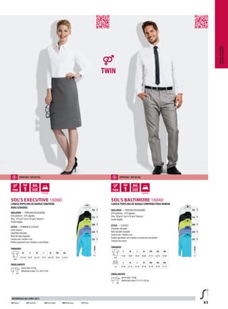 83
ABDMSOL’S EXECUTIVE 16060
ABDMSOL’S BALTIMORE 16040
TTWIN=
102 T
312 T
280 T
230 T
225 T
TTWIN=
102 T
312 T
280 T
230 T
225 T
Camisas,Pull-overs,
Gravatas&aventais
Camisa PoPelina De manGa ComPriDa
Para senHora
QualiDaDe — POPELINA POLIALGODÃO
65% poliéster - 35% algodão
Peso : 105 g/m² (cor) e 95 g/m² (branco)
Tecido tingido
estilo — FEMININA & CLÁSSICA
Corte clássico
Colarinho reforçado
Bolso do lado esquerdo
Carcela com 7 botões à cor
Punhos ajustáveis com 2 botões e corte direito
tamanHos
A/B
Xs s m l Xl XXl 3Xl
62,5/46 64/49 65,5/52 67/55 68,5/58 70/61 71,5/64
emBalamento
1 20
peso/caixa: 4,9 kg
dimensões/caixa: 55 x 36 x 17cm
Camisa PoPelina De manGa ComPriDa Para Homem
QualiDaDe — POPELINA POLIALGODÃO
65% poliéster - 35% algodão
Peso: 105g/m² (cor) e 95 g/m² (branco)
Tecido tingido
estilo — CLÁSSICA
Colarinho reforçado
Bolso do lado esquerdo
Carcela com 7 botões à cor
Punhos ajustáveis com 2 botões e carcela de corte direito
2 pinças nas costas
tamanHos
A/B
s m l Xl XXl 3Xl 4Xl
77/56 78/60 79/64 80/68 81/72 82/76 83/80
cm
s m l Xl XXl 3Xl 4Xl
39-40 41-42 43-44 45-46 47-48 49-50 51-52
emBalamento
1 20
peso/caixa: 7,6 kg
dimensões/caixa: 57 x 37 x 28 cm
102 Branco 225 Azul atol 230 Azul medio 280Verdemaçã 312 Preto
reFerÊnCias Das Cores sol’s
PoPelina - até ao 3Xl PoPelina - até ao 4Xl
 