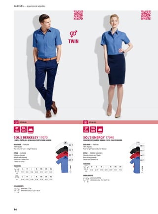 86
ADMSOL’S BERKELEY 17070 ADMSOL’S ENERGY 17040
TTWIN=
102 T
312 T
160 T
229 T
TTWIN=
102 T
312 T
160 T
229 T
Camisas — popelina de algodão
CAMISA POPELINA dE MANGA CURTA PARA HOMEM
QUALIdAdE — POPELINA
100% Algodão
Peso: 125 g/m² (cor) e 120 g/m² (branco)
ESTILO — CLÁSSICA
Colarinho reforçado
Bolso do lado esquerdo
Carcela com 7 botões à cor
2 pinças nas costas
TAMANHOS
A/B
S M L XL XXL 3XL 4XL
77/57 78/61 79/65 80/69 81/73 82/77 83/81
cm
S M L XL XXL 3XL 4XL
39-40 41-42 43-44 45-46 47-48 49-50 51-52
EMBALAMENTO
1 20
peso/caixa: 7,7 kg
dimensões/caixa: 57 x 37 x 30 cm
CAMISA POPELINA dE MANGA CURTA PARA SENHORA
QUALIdAdE — POPELINA
100% Algodão
Peso: 125 g/m² (cor) e 120 g/m² (branco)
ESTILO — FEMININA & CLÁSSICA
Colarinho clássico com 1 botão
Bolso do lado esquerdo
Carcela com 7 botões à cor
TAMANHOS
A/B
XS S M L XL XXL 3XL
65/46 66/49 67/52 68/55 69/58 70/61 71/64
EMBALAMENTO
1 20
peso/caixa: 4,9 kg
dimensões/caixa: 55 x 36 x 17 cm
ATé AO 4XL ATé AO 3XL
 
