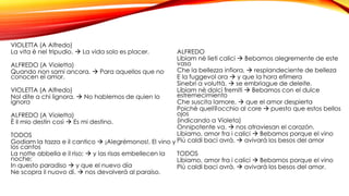 VIOLETTA (A Alfredo) 
La vita è nel tripudio.  La vida solo es placer. 
ALFREDO (A Violetta) 
Quando non sami ancora.  Para aquellos que no 
conocen el amor. 
VIOLETTA (A Alfredo) 
Nol dite a chi lignora.  No hablemos de quien lo 
ignora 
ALFREDO (A Violetta) 
È il mio destin così  Es mi destino. 
TODOS 
Godiam la tazza e il cantico  ¡Alegrémonos!. El vino y 
los cantos 
La notte abbella e il riso;  y las risas embellecen la 
noche; 
In questo paradiso  y que el nuevo día 
Ne scopra il nuovo dì.  nos devolverá al paraíso. 
ALFREDO 
Libiam nè lieti calici  Bebamos alegremente de este 
vaso 
Che la bellezza infiora,  resplandeciente de belleza 
E la fuggevol ora  y que la hora efímera 
Sinebri a voluttà.  se embriague de deleite. 
Libiam nè dolci fremiti  Bebamos con el dulce 
estremecimiento 
Che suscita lamore,  que el amor despierta 
Poichè quell?occhio al core  puesto que estos bellos 
ojos 
(indicando a Violeta) 
Onnipotente va.  nos atraviesan el corazón. 
Libiamo, amor fra i calici  Bebamos porque el vino 
Più caldi baci avrà.  avivará los besos del amor 
TODOS 
Libiamo, amor fra i calici  Bebamos porque el vino 
Più caldi baci avrà.  avivará los besos del amor. 
 
