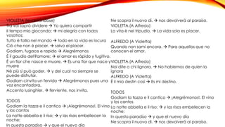 VIOLETTA (levantándose) 
Tra voi saprò dividere  Yo quiero compartir 
Il tempo mio giocondo;  mi alegría con todos 
vosotros; 
Tutto è follia nel mondo  todo en la vida es locura 
Ciò che non è piacer.  salvo el placer. 
Godiam, fugace e rapido  Alegrémonos 
È il gaudio dell?amore;  el amor es rápido y fugitivo. 
È un fior che nasce e muore,  Es una flor que nace y 
muere 
Nè più si può goder.  y del cual no siempre se 
puede disfrutar. 
Godiam cinvita un fervido  Alegrémonos pues una 
voz encantadora, 
Accento lusinghier.  ferviente, nos invita. 
TODOS 
Godiam la tazza e il cantico  ¡Alegrémonos!. El vino 
y los cantos 
La notte abbella e il riso;  y las risas embellecen la 
noche; 
In questo paradiso  y que el nuevo día 
Ne scopra il nuovo dì.  nos devolverá al paraíso. 
VIOLETTA (A Alfredo) 
La vita è nel tripudio.  La vida solo es placer. 
ALFREDO (A Violetta) 
Quando non sami ancora.  Para aquellos que no 
conocen el amor. 
VIOLETTA (A Alfredo) 
Nol dite a chi lignora.  No hablemos de quien lo 
ignora 
ALFREDO (A Violetta) 
È il mio destin così  Es mi destino. 
TODOS 
Godiam la tazza e il cantico  ¡Alegrémonos!. El vino 
y los cantos 
La notte abbella e il riso;  y las risas embellecen la 
noche; 
In questo paradiso  y que el nuevo día 
Ne scopra il nuovo dì.  nos devolverá al paraíso. 
 