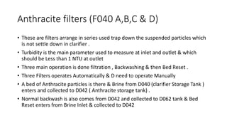 Anthracite filters (F040 A,B,C & D)
• These are filters arrange in series used trap down the suspended particles which
is not settle down in clarifier .
• Turbidity is the main parameter used to measure at inlet and outlet & which
should be Less than 1 NTU at outlet
• Three main operation is done filtration , Backwashing & then Bed Reset .
• Three Filters operates Automatically & D need to operate Manually
• A bed of Anthracite particles is there & Brine from D040 (clarifier Storage Tank )
enters and collected to D042 ( Anthracite storage tank) .
• Normal backwash is also comes from D042 and collected to D062 tank & Bed
Reset enters from Brine Inlet & collected to D042
 