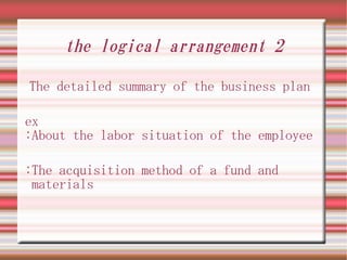 the logical arrangement 2

The detailed summary of the business plan

ex
:About the labor situation of the employee

:The acquisition method of a fund and
 materials
 