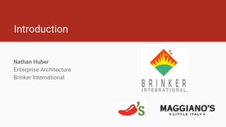 Introduction
Nathan Huber
Enterprise Architecture
Brinker International
 