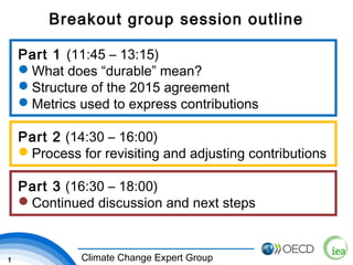 1 Climate Change Expert Group
Breakout group session outline
Part 1 (11:45 – 13:15)
What does “durable” mean?
Structure of the 2015 agreement
Metrics used to express contributions
Part 2 (14:30 – 16:00)
Process for revisiting and adjusting contributions
Part 3 (16:30 – 18:00)
Continued discussion and next steps
 