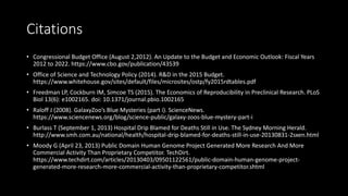 Citations
• Congressional Budget Office (August 2,2012). An Update to the Budget and Economic Outlook: Fiscal Years
2012 to 2022. https://www.cbo.gov/publication/43539
• Office of Science and Technology Policy (2014). R&D in the 2015 Budget.
https://www.whitehouse.gov/sites/default/files/microsites/ostp/fy2015rdtables.pdf
• Freedman LP, Cockburn IM, Simcoe TS (2015). The Economics of Reproducibility in Preclinical Research. PLoS
Biol 13(6): e1002165. doi: 10.1371/journal.pbio.1002165
• Raloff J (2008). GalaxyZoo’s Blue Mysteries (part i). ScienceNews.
https://www.sciencenews.org/blog/science-public/galaxy-zoos-blue-mystery-part-i
• Burlass T (September 1, 2013) Hospital Drip Blamed for Deaths Still in Use. The Sydney Morning Herald.
http://www.smh.com.au/national/health/hospital-drip-blamed-for-deaths-still-in-use-20130831-2sxen.html
• Moody G (April 23, 2013) Public Domain Human Genome Project Generated More Research And More
Commercial Activity Than Proprietary Competitor. TechDirt.
https://www.techdirt.com/articles/20130403/09501122561/public-domain-human-genome-project-
generated-more-research-more-commercial-activity-than-proprietary-competitor.shtml
 