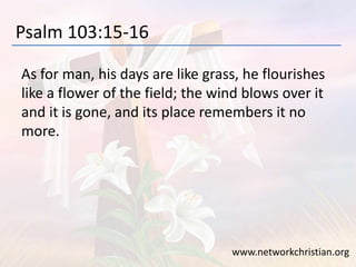 Psalm 103:15-16
As for man, his days are like grass, he flourishes
like a flower of the field; the wind blows over it
and it is gone, and its place remembers it no
more.
www.networkchristian.org
 