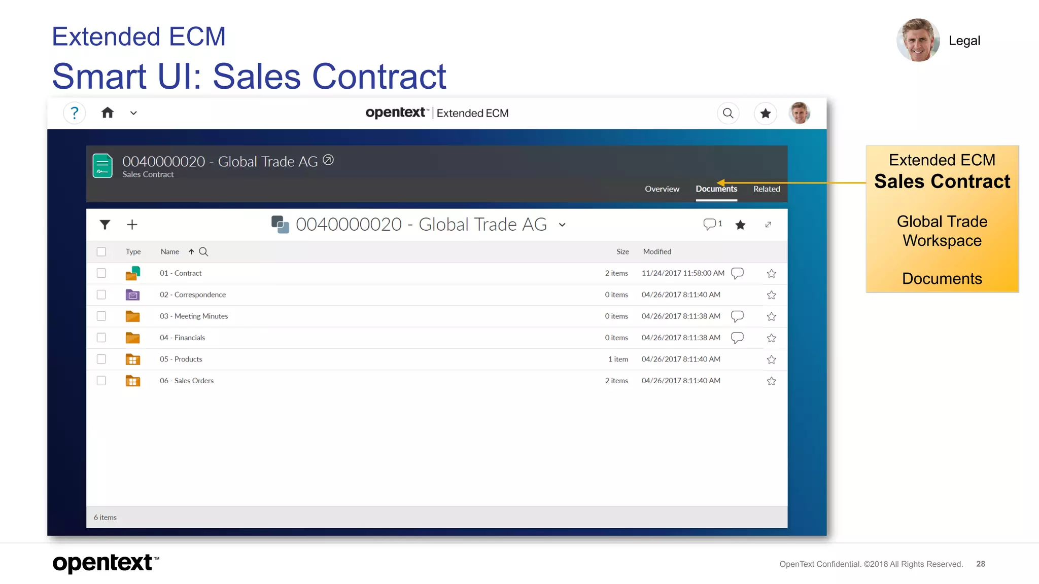 OpenText Confidential. ©2018 All Rights Reserved. 28
Extended ECM
Smart UI: Sales Contract
Legal
Extended ECM
Sales Contract
Global Trade
Workspace
Documents
 