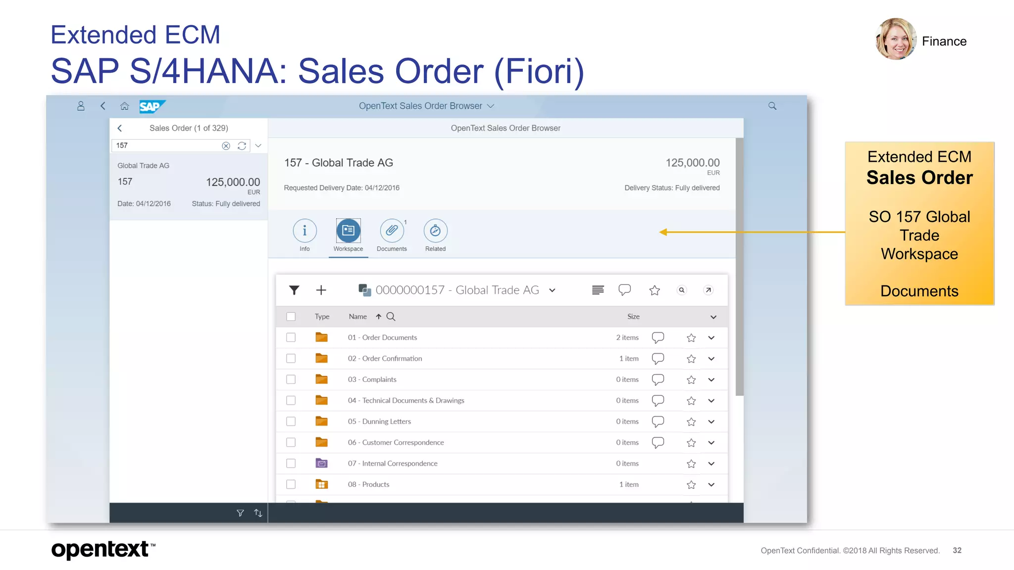 OpenText Confidential. ©2018 All Rights Reserved. 32
Extended ECM
SAP S/4HANA: Sales Order (Fiori)
Finance
Extended ECM
Sales Order
SO 157 Global
Trade
Workspace
Documents
 