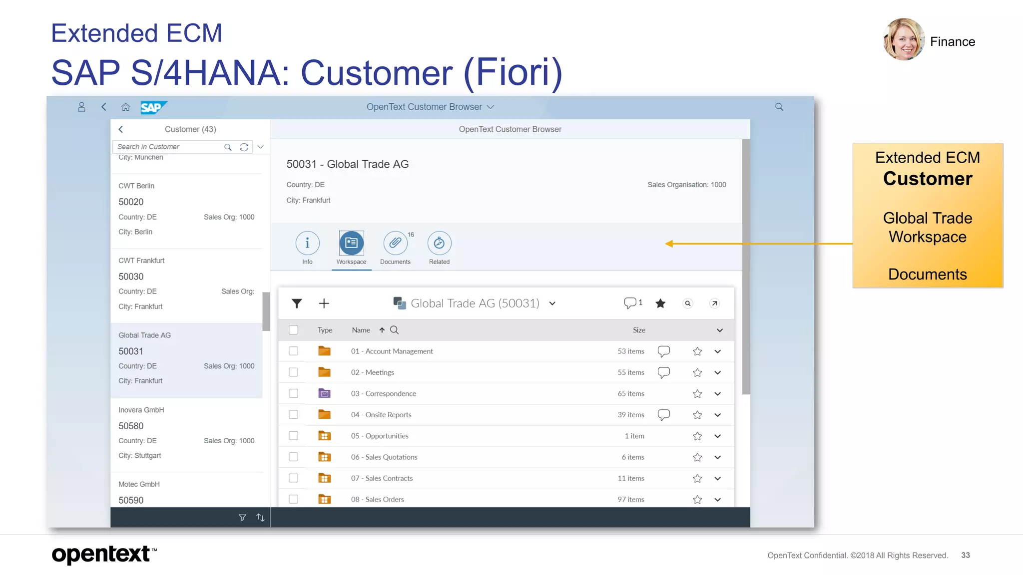 OpenText Confidential. ©2018 All Rights Reserved. 33
Extended ECM
SAP S/4HANA: Customer (Fiori)
Finance
Extended ECM
Customer
Global Trade
Workspace
Documents
 