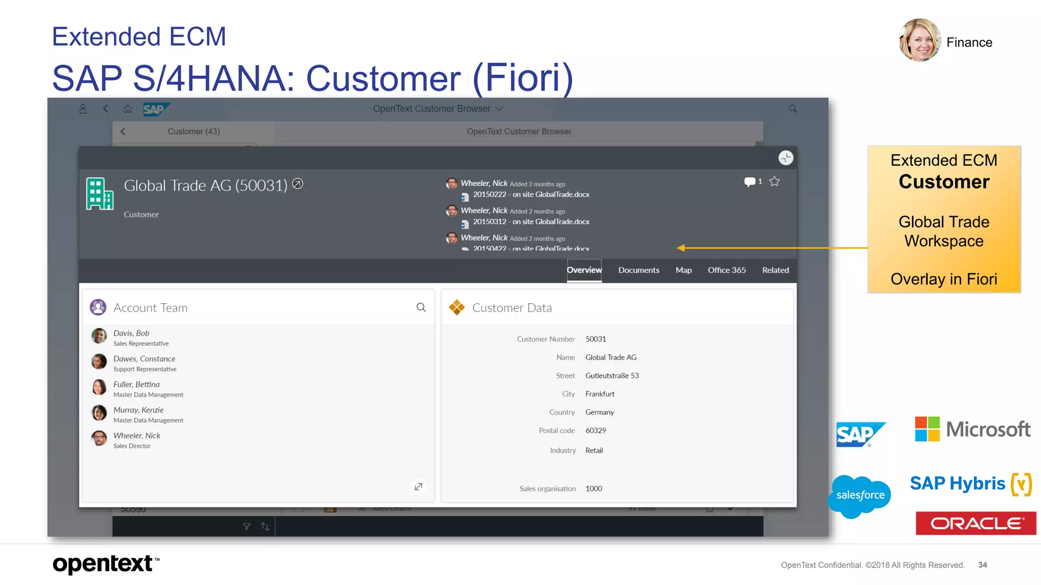 OpenText Confidential. ©2018 All Rights Reserved. 34
Extended ECM
SAP S/4HANA: Customer (Fiori)
Finance
Extended ECM
Customer
Global Trade
Workspace
Overlay in Fiori
 