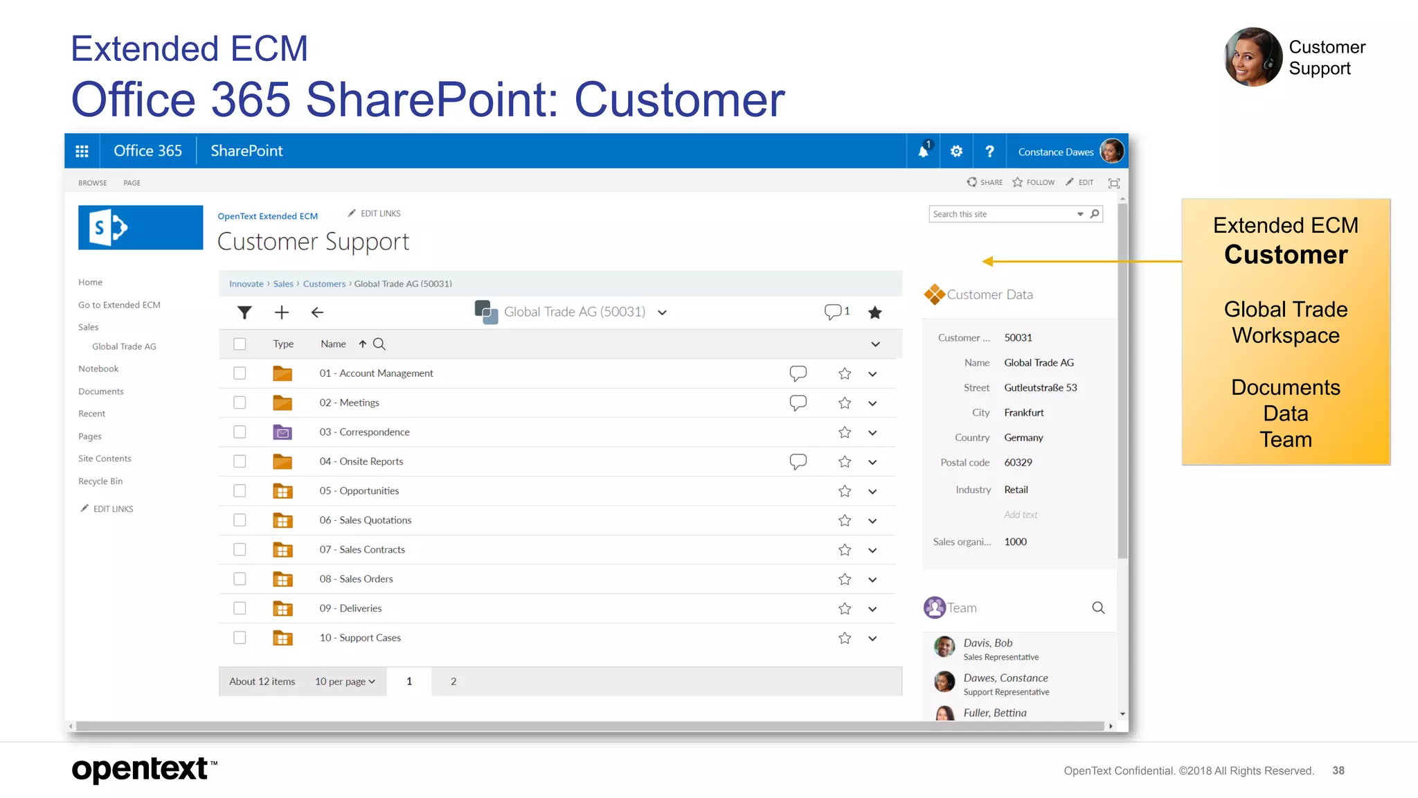 OpenText Confidential. ©2018 All Rights Reserved. 38
Extended ECM
Office 365 SharePoint: Customer
Customer
Support
Extended ECM
Customer
Global Trade
Workspace
Documents
Data
Team
 