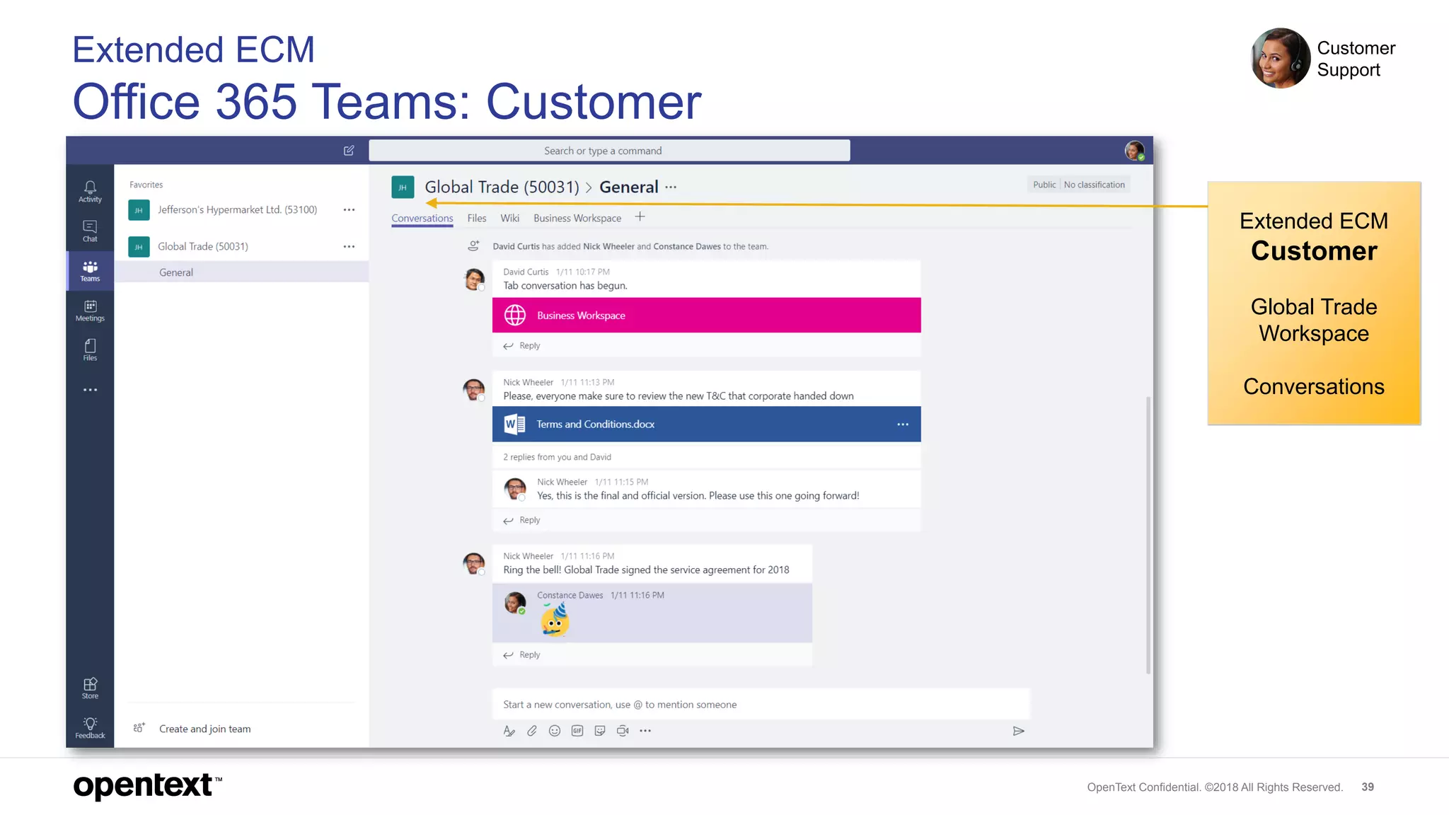 OpenText Confidential. ©2018 All Rights Reserved. 39
Extended ECM
Office 365 Teams: Customer
Customer
Support
Extended ECM
Customer
Global Trade
Workspace
Conversations
 