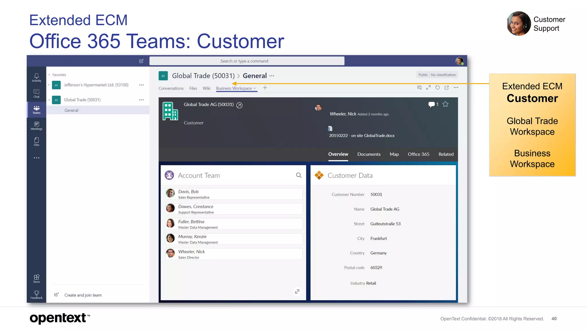 OpenText Confidential. ©2018 All Rights Reserved. 40
Extended ECM
Office 365 Teams: Customer
Customer
Support
Extended ECM
Customer
Global Trade
Workspace
Business
Workspace
 