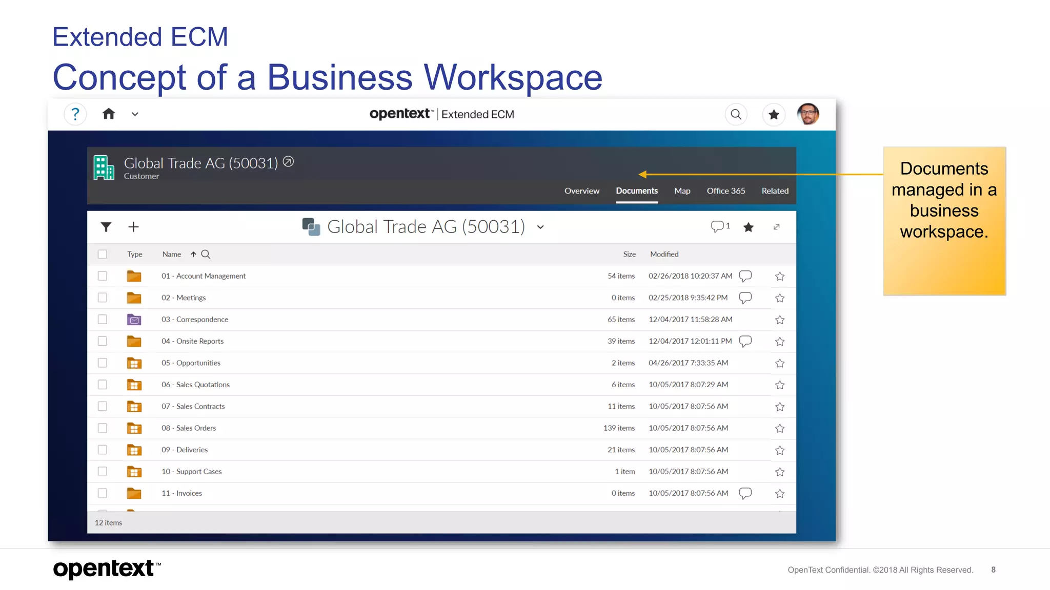 OpenText Confidential. ©2018 All Rights Reserved. 8
Extended ECM
Concept of a Business Workspace
Documents
managed in a
business
workspace.
 