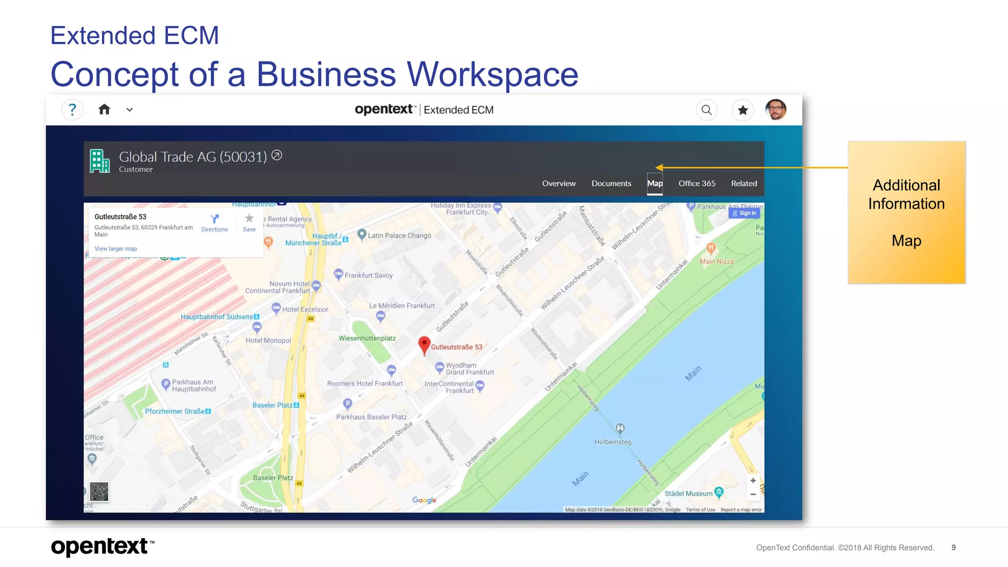 OpenText Confidential. ©2018 All Rights Reserved. 9
Extended ECM
Concept of a Business Workspace
Additional
Information
Map
 