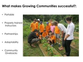 What makes Growing Communities successful?:
• Portable
• Properly trained
Instructors
• Partnerships

• Adaptability
• Community
Givebacks

 