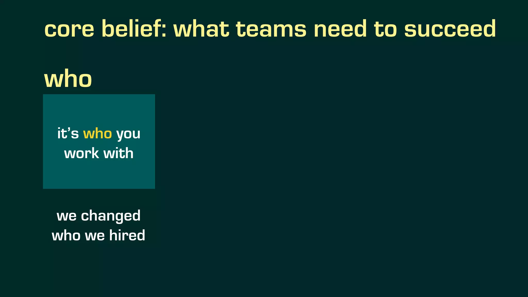 core belief: what teams need to succeed
it’s who you
work with
who
we changed
who we hired
 