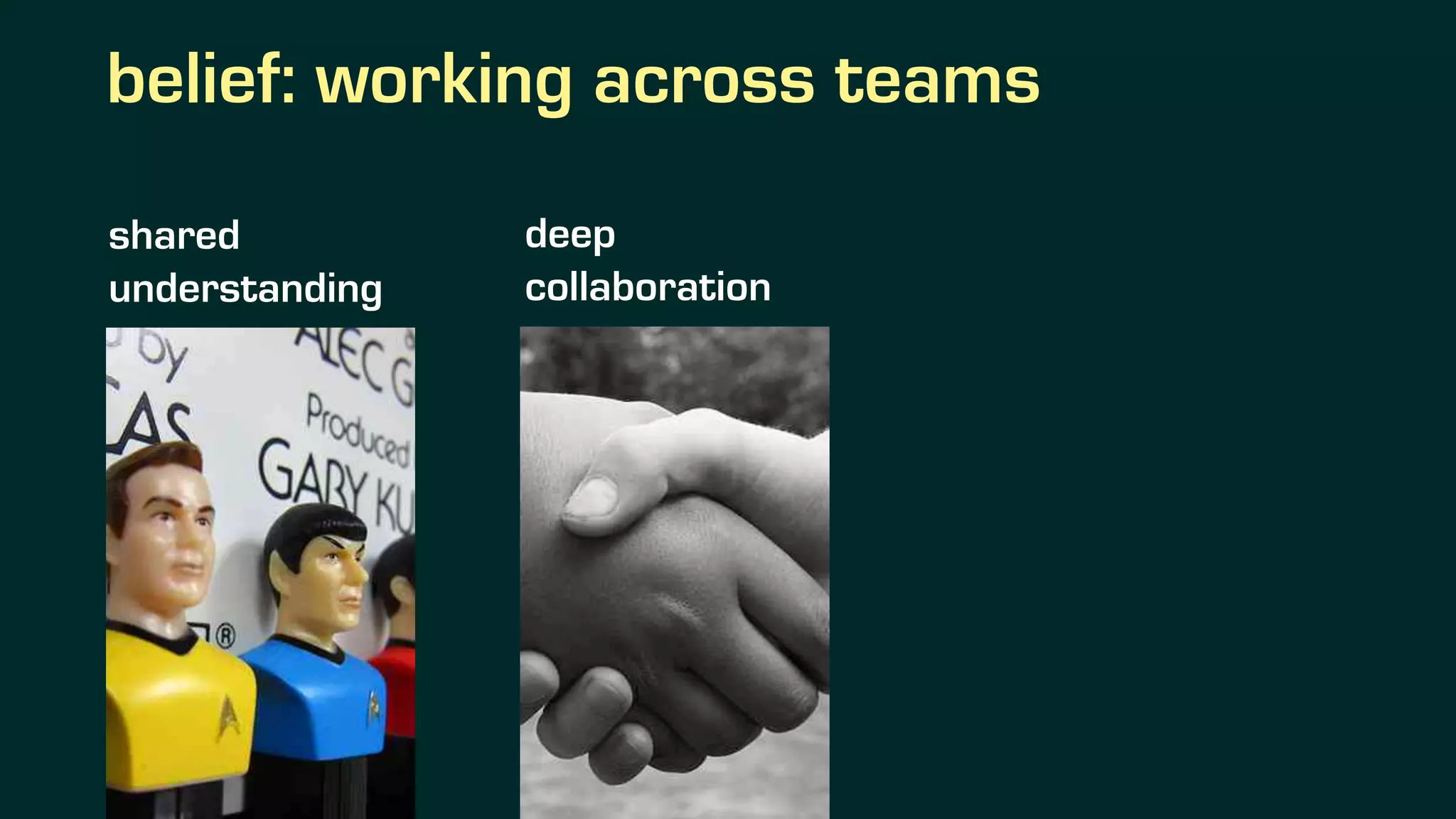 belief: working across teams
shared
understanding
deep
collaboration
 