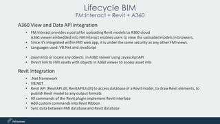 • FM:Interact provides a portal for uploadingRevit models to A360 cloud
A360 viewer embedded into FM:Interact enables users to view the uploadedmodels in browsers.
• Since it's integrated within FMI web app, it is under the same security as any other FMI views.
• Languages used: VB.Net and JavaScript
• Zoom into or locate any objects in A360 viewer using JavascriptAPI
• Direct link to FMI assets with objects in A360 viewer to access asset info
Lifecycle BIM
FM:Interact + Revit + A360
A360 View and Data API integration
Revit integration
• .Net framework
• VB.NET
• Revit API (RevitAPI.dll,RevitAPIUI.dll) to access databaseof a Revit model, to draw Revit elements, to
publishRevit model to any output formats
• All commands of the Revit plugin implement Revit interface
• Add custom commands into Revit Ribbon
• Sync data between FMI databaseand Revit database
 
