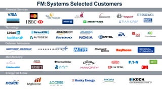 FM:Systems Selected Customers
Financial Services
Technology
Defense/ Aerospace
Manufacturing
Energy/ Oil & Gas
 
