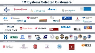 FM:Systems Selected Customers
Pharmaceutical
Health Care
Retail/ Services/ Entertainment
Government
Higher Education
 
