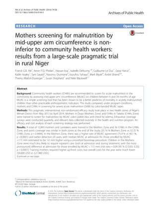 RESEARCH Open Access
Mothers screening for malnutrition by
mid-upper arm circumference is non-
inferior to community health workers:
results from a large-scale pragmatic trial
in rural Niger
Franck G.B. Alé1
, Kevin P.Q. Phelan1
, Hassan Issa1
, Isabelle Defourny1,8
, Guillaume Le Duc1
, Geza Harczi1
,
Kader Issaley1
, Sani Sayadi2
, Nassirou Ousmane3
, Issoufou Yahaya3
, Mark Myatt4
, André Briend5,6
,
Thierry Allafort-Duverger1*
, Susan Shepherd1
and Nikki Blackwell1,7
Abstract
Background: Community health workers (CHWs) are recommended to screen for acute malnutrition in the
community by assessing mid-upper arm circumference (MUAC) on children between 6 and 59 months of age.
MUAC is a simple screening tool that has been shown to be a better predictor of mortality in acutely malnourished
children than other practicable anthropometric indicators. This study compared, under program conditions,
mothers and CHWs in screening for severe acute malnutrition (SAM) by color-banded MUAC tapes.
Methods: This pragmatic interventional, non-randomized efficacy study took place in two health zones of Niger’s
Mirriah District from May 2013 to April 2014. Mothers in Dogo (Mothers Zone) and CHWs in Takieta (CHWs Zone)
were trained to screen for malnutrition by MUAC color-coded class and check for edema. Exhaustive coverage
surveys were conducted quarterly, and relevant data collected routinely in the health and nutrition program. An
efficacy and cost analysis of each screening strategy was performed.
Results: A total of 12,893 mothers and caretakers were trained in the Mothers Zone and 36 CHWs in the CHWs
Zone, and point coverage was similar in both zones at the end of the study (35.14 % Mothers Zone vs 32.35 %
CHWs Zone, p = 0.9484). In the Mothers Zone, there was a higher rate of MUAC agreement (75.4 % vs 40.1 %,
p <0.0001) and earlier detection of cases, with median MUAC at admission for those enrolled by MUAC
<115 mm estimated to be 1.6 mm higher using a smoothed bootstrap procedure. Children in the Mothers
Zone were much less likely to require inpatient care, both at admission and during treatment, with the most
pronounced difference at admission for those enrolled by MUAC < 115 mm (risk ratio = 0.09 [95 % CI 0.03; 0.25],
p < 0.0001). Training mothers required higher up-front costs, but overall costs for the year were much lower
($8,600 USD vs $21,980 USD.)
(Continued on next page)
* Correspondence: tad@alima-ngo.org
1
Alliance for International Medical Action (ALIMA), ALIMA ,Fann Residence,
BP155530 Dakar, Senegal
Full list of author information is available at the end of the article
© 2016 The Author(s). Open Access This article is distributed under the terms of the Creative Commons Attribution 4.0
International License (http://creativecommons.org/licenses/by/4.0/), which permits unrestricted use, distribution, and
reproduction in any medium, provided you give appropriate credit to the original author(s) and the source, provide a link to
the Creative Commons license, and indicate if changes were made. The Creative Commons Public Domain Dedication waiver
(http://creativecommons.org/publicdomain/zero/1.0/) applies to the data made available in this article, unless otherwise stated.
Alé et al. Archives of Public Health (2016) 74:38
DOI 10.1186/s13690-016-0149-5
 