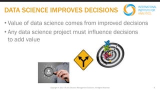• Value of data science comes from improved decisions
• Any data science project must influence decisions
to add value
DATA SCIENCE IMPROVES DECISIONS
Copyright © 2017 IIA and Decision Management Solutions. All Rights Reserved 9
 