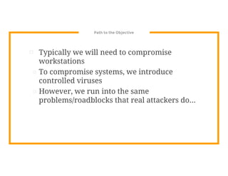 Path to the Objective
⊡ Typically we will need to compromise
workstations
⊡ To compromise systems, we introduce
controlled viruses
⊡ However, we run into the same
problems/roadblocks that real attackers do...
 