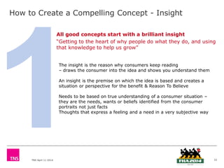 TNS April 11 2014
How to Create a Compelling Concept - Insight
All good concepts start with a brilliant insight
“Getting to the heart of why people do what they do, and using
that knowledge to help us grow”
22
The insight is the reason why consumers keep reading
– draws the consumer into the idea and shows you understand them
An insight is the premise on which the idea is based and creates a
situation or perspective for the benefit & Reason To Believe
Needs to be based on true understanding of a consumer situation –
they are the needs, wants or beliefs identified from the consumer
portraits not just facts
Thoughts that express a feeling and a need in a very subjective way
 