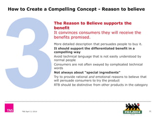 TNS April 11 2014
More detailed description that persuades people to buy it.
It should support the differentiated benefit in a
compelling way
Avoid technical language that is not easily understood by
normal people
Consumers are not often swayed by complicated technical
words
Not always about “special ingredients”
Try to provide rational and emotional reasons to believe that
will persuade consumers to try the product
RTB should be distinctive from other products in the category
25
How to Create a Compelling Concept - Reason to believe
The Reason to Believe supports the
benefit
It convinces consumers they will receive the
benefits promised.
 