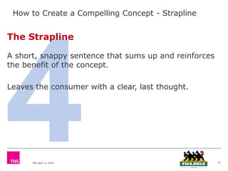 TNS April 11 2014
How to Create a Compelling Concept - Strapline
The Strapline
A short, snappy sentence that sums up and reinforces
the benefit of the concept.
Leaves the consumer with a clear, last thought.
27
 