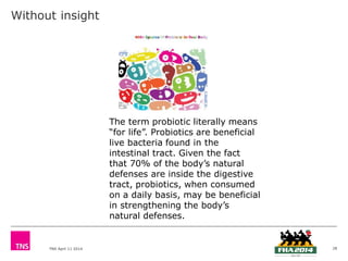 TNS April 11 2014
Without insight
28
The term probiotic literally means
“for life”. Probiotics are beneficial
live bacteria found in the
intestinal tract. Given the fact
that 70% of the body’s natural
defenses are inside the digestive
tract, probiotics, when consumed
on a daily basis, may be beneficial
in strengthening the body’s
natural defenses.
 
