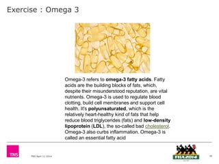 TNS April 11 2014
Exercise : Omega 3
30
Omega-3 refers to omega-3 fatty acids. Fatty
acids are the building blocks of fats, which,
despite their misunderstood reputation, are vital
nutrients. Omega-3 is used to regulate blood
clotting, build cell membranes and support cell
health. It's polyunsaturated, which is the
relatively heart-healthy kind of fats that help
reduce blood triglycerides (fats) and low-density
lipoprotein (LDL), the so-called bad cholesterol.
Omega-3 also curbs inflammation. Omega-3 is
called an essential fatty acid
 