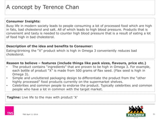TNS April 11 2014
A concept by Terence Chan
31
Description of the idea and benefits to Consumer:
Eating/drinking the “X” product which is high in Omega 3 conveniently reduces bad
cholesterol.
Consumer Insights:
Busy life in modern society leads to people consuming a lot of processed food which are high
in fats, bad cholesterol and salt. All of which leads to high blood pressure. Products that is
convenient and tasty is needed to counter high blood pressure that is a result of eating a lot
of food high in bad cholesterol.
Reason to believe – features (include things like pack sizes, flavours, price etc.)
• The product contains “ingredients” that are proven to be high in Omega 3. For example,
each bottle of product “X” is made from 500 grams of flax seed. (Flax seed is high in
Omega 3).
• Simple and uncluttered packaging design to differentiate the product from the “other
highly processed” food products currently on the supermarket shelves.
• Celebrities and common people to endorse the product. Typically celebrities and common
people who have a lot in common with the target market.
Tagline: Live life to the max with product ‘X’
 