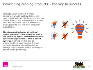 TNS April 11 2014
Developing winning products – the key to success
35
Innovation is at the heart of most
companies’ growth strategy. One of the
most critical factors in the long-term success
of new products is a strong repeat purchase
rate. And to achieve that it is essential to
create products that will meet consumer
expectations.
The strongest indicator of optimal
repeat potential is the extent to which
the product’s actual performance meets
consumer expectations. This is called
synergy. A strong product can be
undermined by a poor concept. A great
concept can raise expectations that an
average product cannot meet - so failing to
deliver repeat purchasing.
 