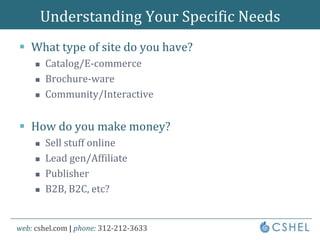 Understanding Your Specific NeedsWhat type of site do you have?Catalog/E-commerceBrochure-wareCommunity/InteractiveHow do you make money?Sell stuff onlineLead gen/AffiliatePublisherB2B, B2C, etc?