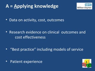 A = Applying knowledge
• Data on activity, cost, outcomes
• Research evidence on clinical outcomes and
cost effectiveness
• “Best practice” including models of service
• Patient experience
 