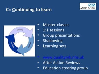 C= Continuing to learn
• Master-classes
• 1:1 sessions
• Group presentations
• Shadowing
• Learning sets
• www.qualitymk.nhs.uk
• After Action Reviews
• Education steering group
 