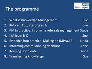 The programme
1. What is Knowledge Management? Sue
2. KM - an ABC; starting at A Sue
3. KM in practice: informing referrals management Steve
4. KM from B-C Sue
5. Evidence into practice: Making an IMPACTE Linda
6. Informing commissioning decisions Anne
7. Keeping up to date Anne
8. Transferring knowledge Sue
 