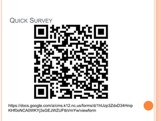 QUICK SURVEY
https://docs.google.com/a/cms.k12.nc.us/forms/d/1hUzp3ZdxD34Hnip
KHf0oNCA0WKYj3sGEJWZUFtbVmYw/viewform
 